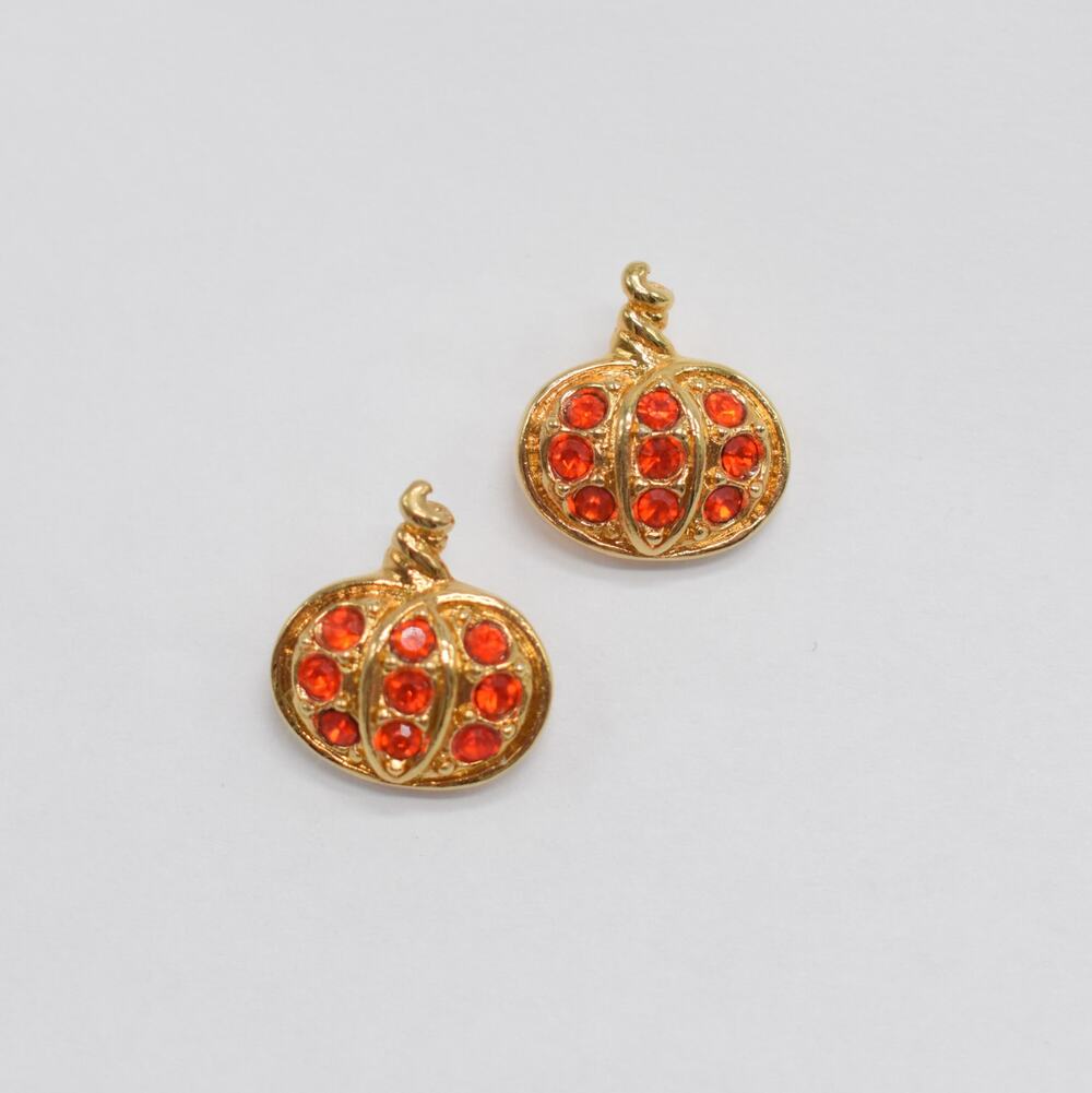 Avon Pumpkin Small Stud Earrings Orange Rhinestone Gold Tone Halloween Jewelry